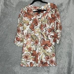Preswick & Moore 2X Top Shirt Brown Floral Flower Button Up Short Sleeve V Neck